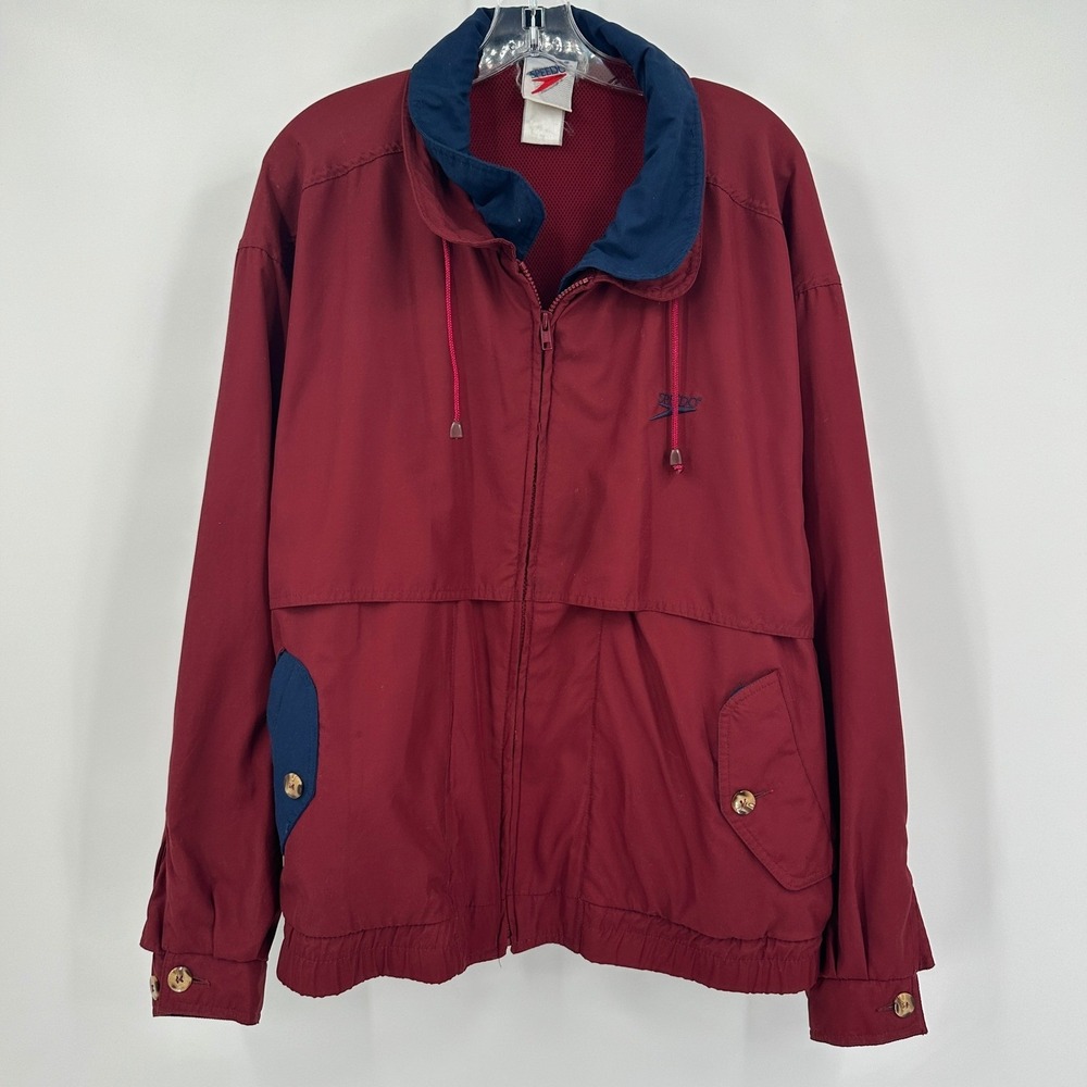 Speedo Mens Vintage 90s Windbreaker Jacket Size L Burgundy Navy Full Zip Retro
